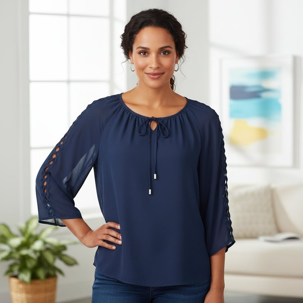 Zac Rachel PXL Top Blue Tie Neck Flowy Peasant Boho Chic Career Coastal Fairy